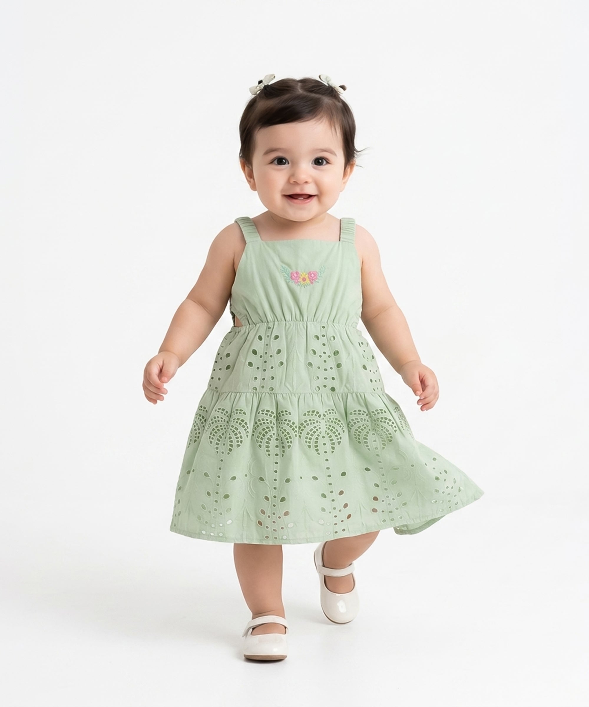 Baby Girls Floral Embroidered Dress, Light Green
