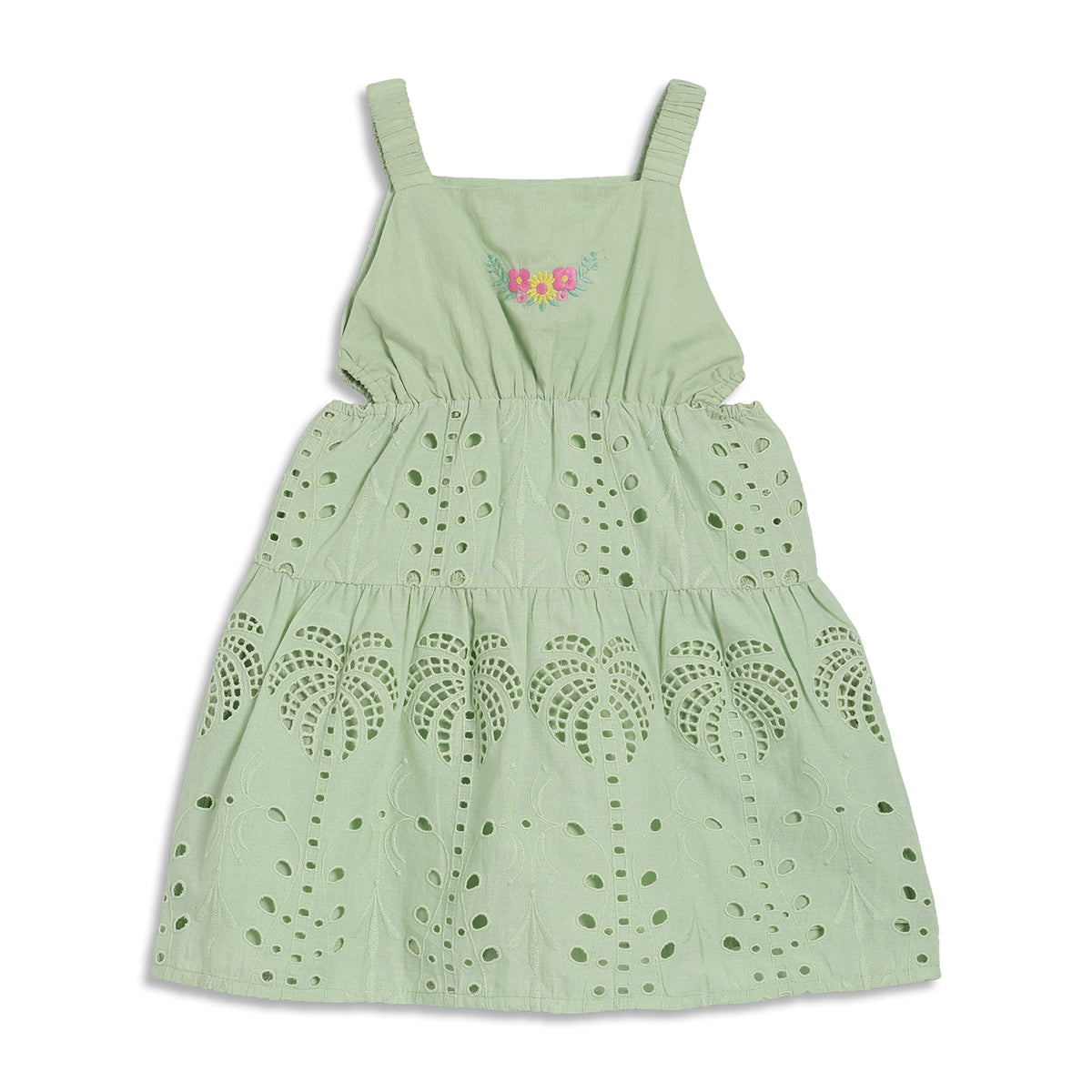 Baby Girls Floral Embroidered Dress, Light Green