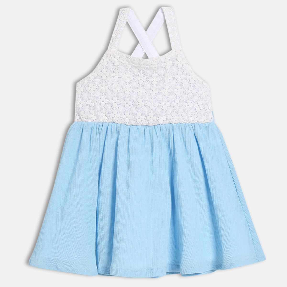 Girls Lace Yoke Fit and Flare Dress with Cross Back Straps, Blue