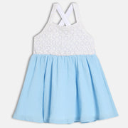 Girls Lace Yoke Fit and Flare Dress with Cross Back Straps, Blue