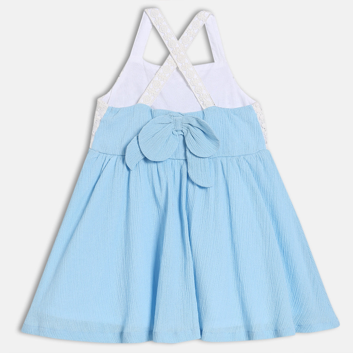 Girls Lace Yoke Fit and Flare Dress with Cross Back Straps, Blue