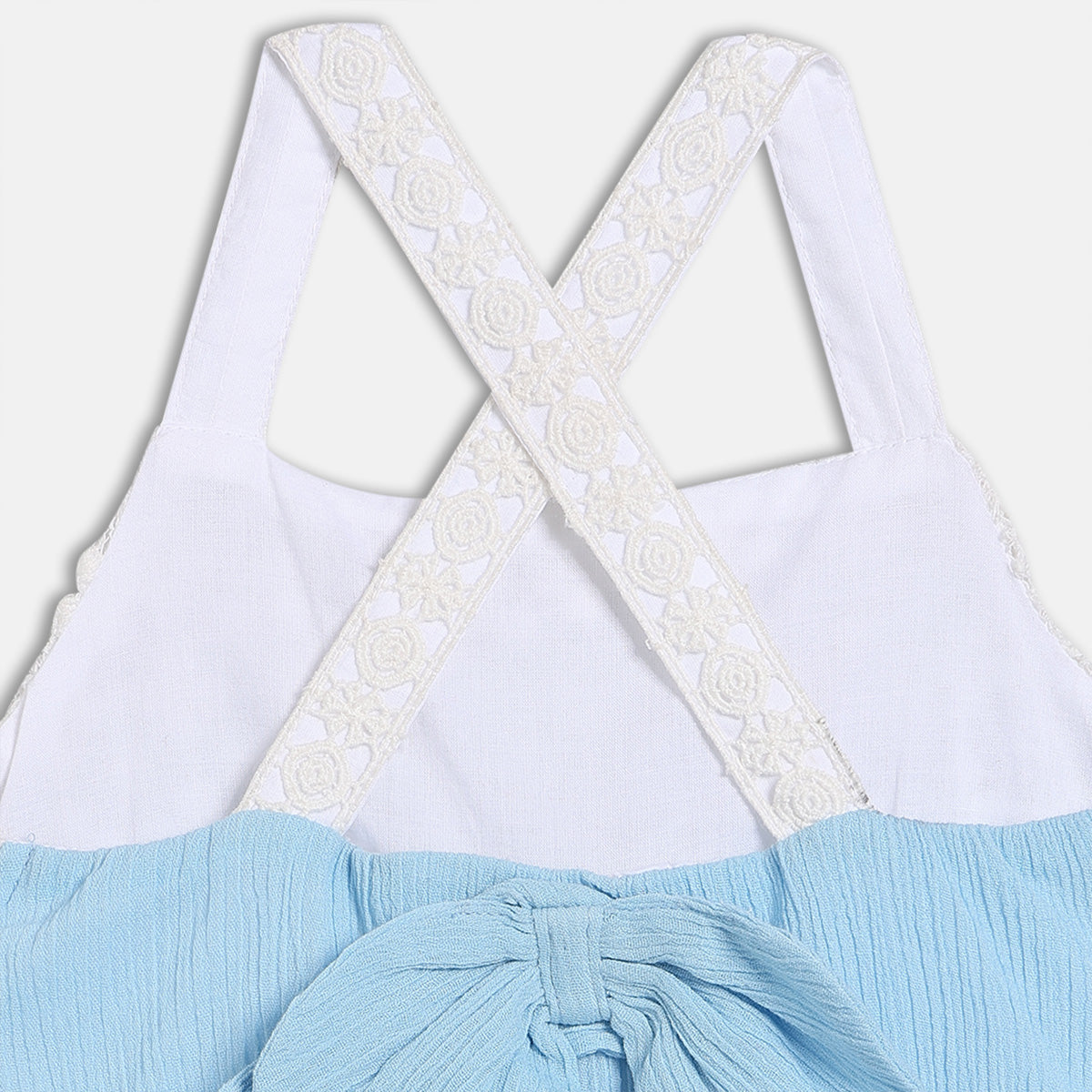 Girls Lace Yoke Fit and Flare Dress with Cross Back Straps, Blue