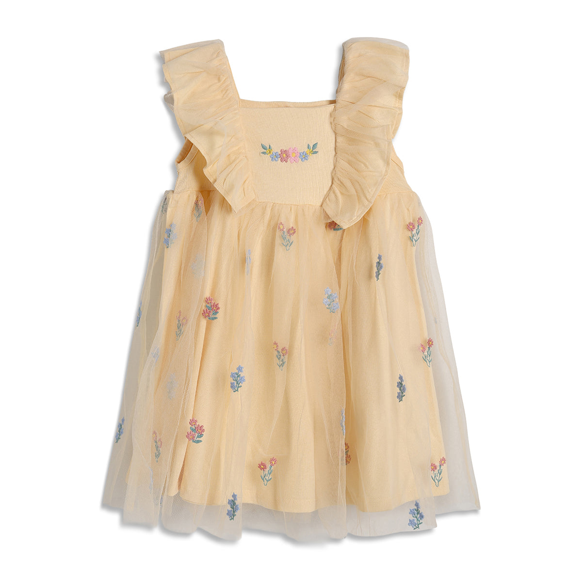 Baby Girls Floral Embroidered Net Dress, Yellow