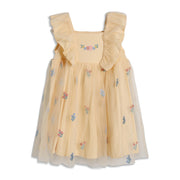 Baby Girls Floral Embroidered Net Dress, Yellow
