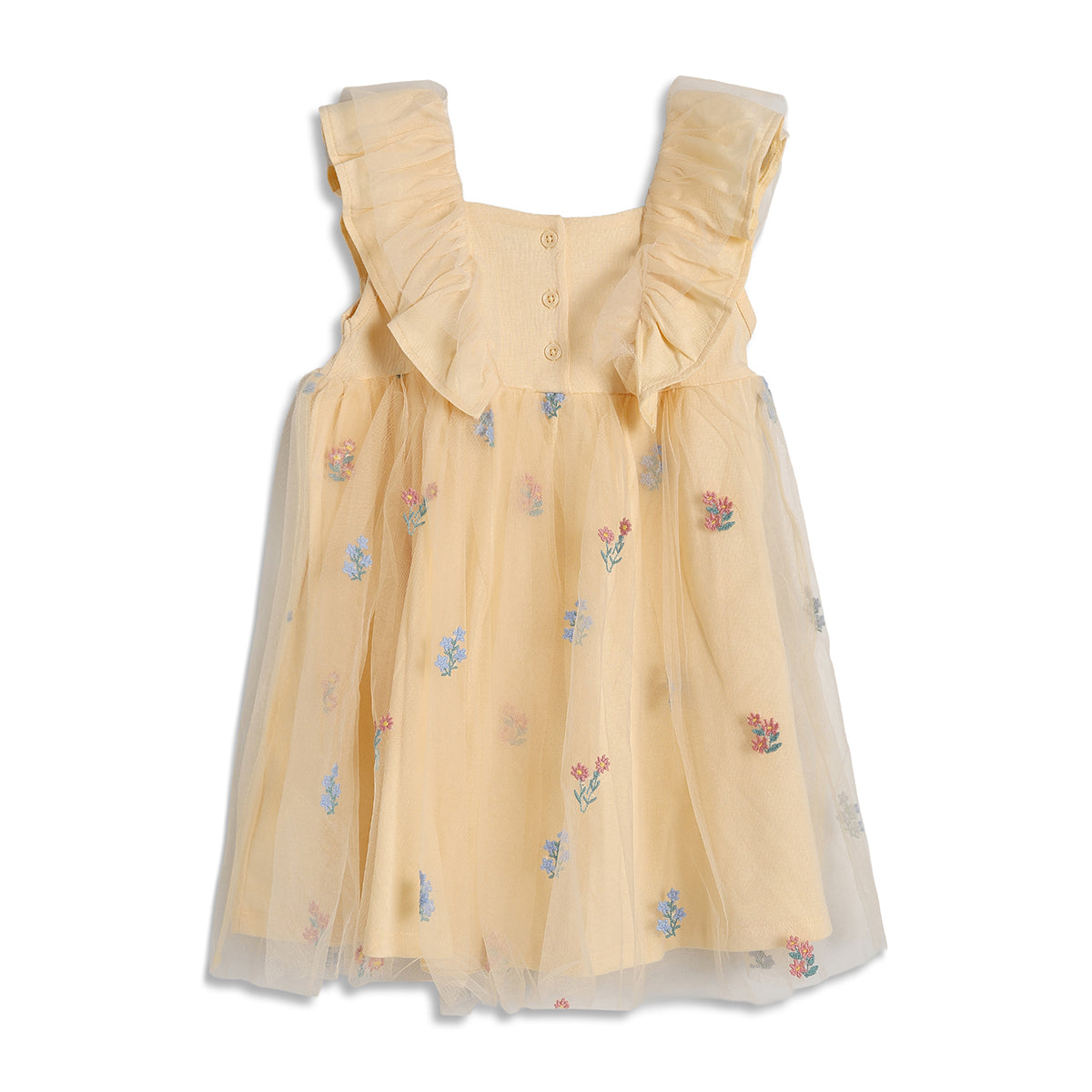 Baby Girls Floral Embroidered Net Dress, Yellow