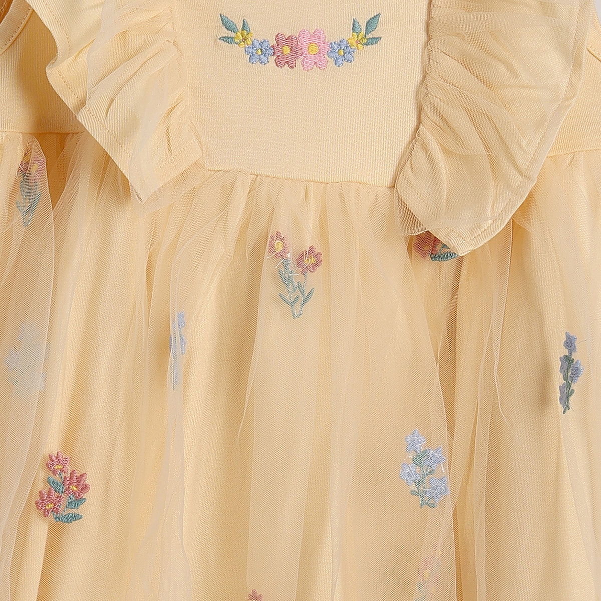 Baby Girls Floral Embroidered Net Dress, Yellow