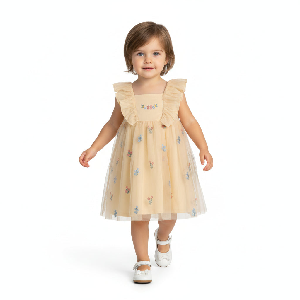 Baby Girls Floral Embroidered Net Dress, Yellow