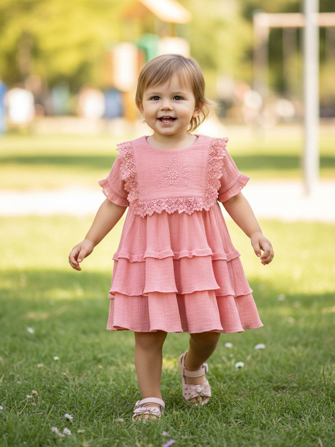Baby Girls Embroidered Tiered Dress, Peach