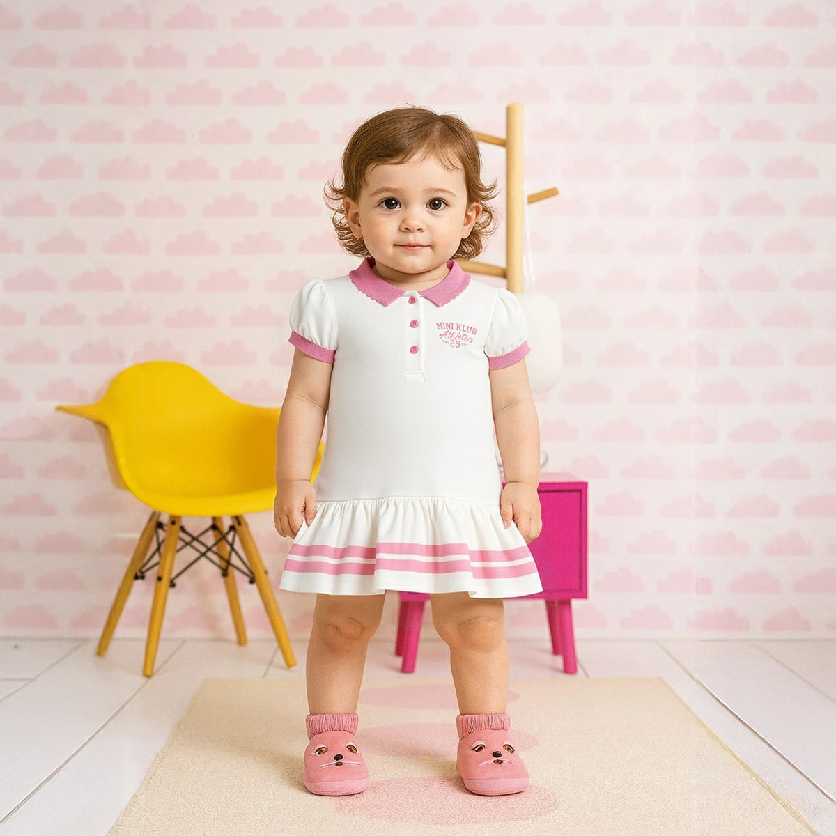 Baby Girls Solid Collar Dress with Contrast Detail, White and Pink
