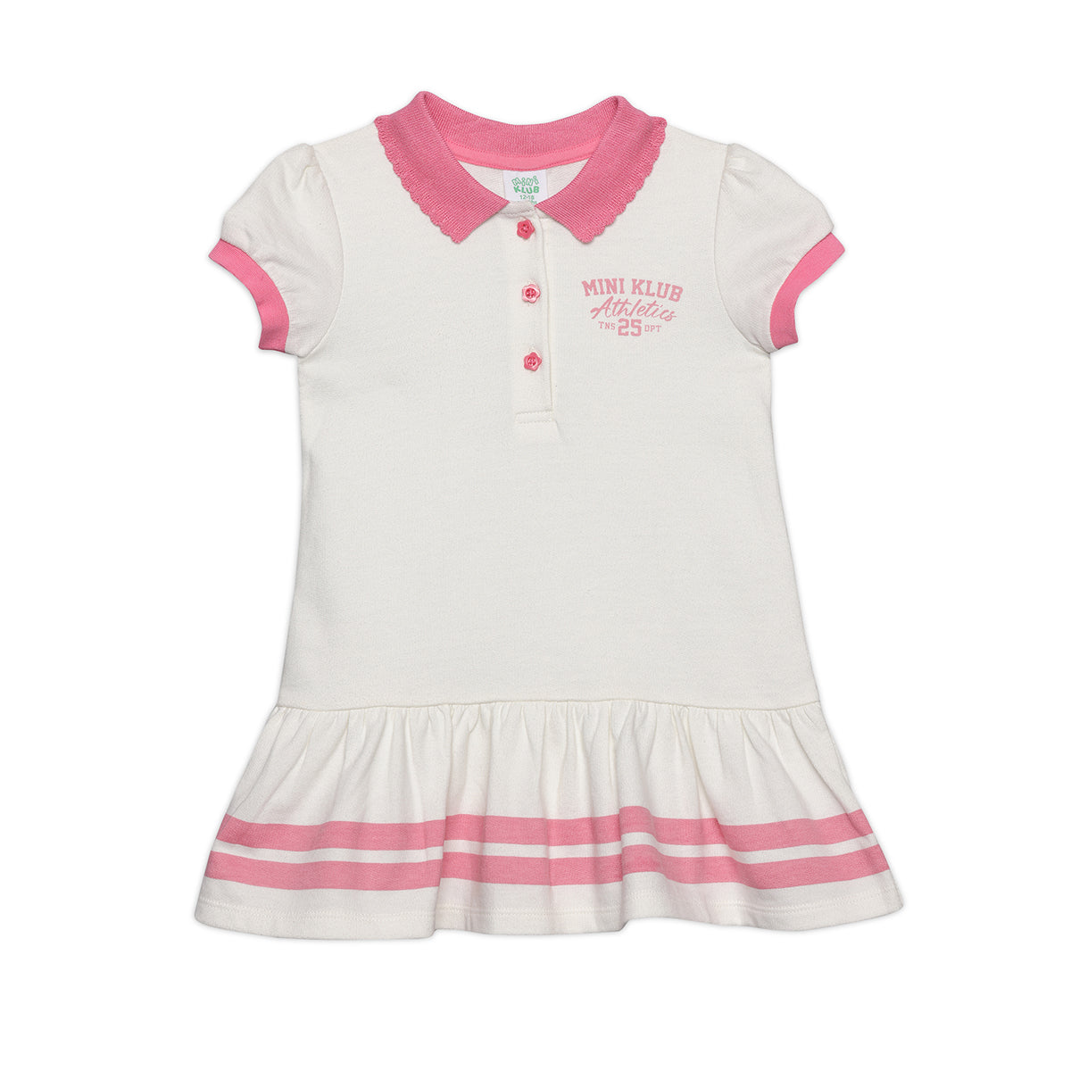 Baby Girls Solid Collar Dress with Contrast Detail, White and Pink