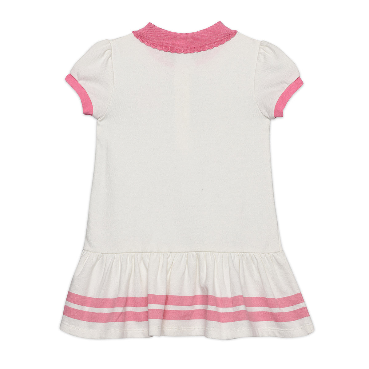 Baby Girls Solid Collar Dress with Contrast Detail, White and Pink