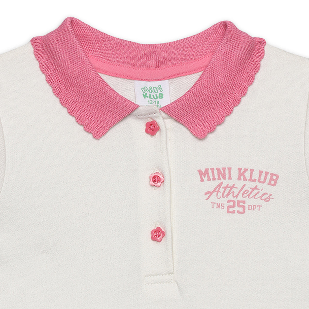 Baby Girls Solid Collar Dress with Contrast Detail, White and Pink