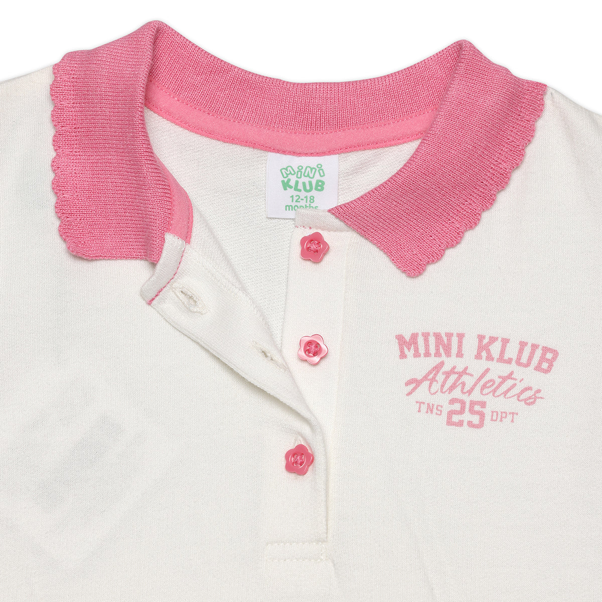 Baby Girls Solid Collar Dress with Contrast Detail, White and Pink