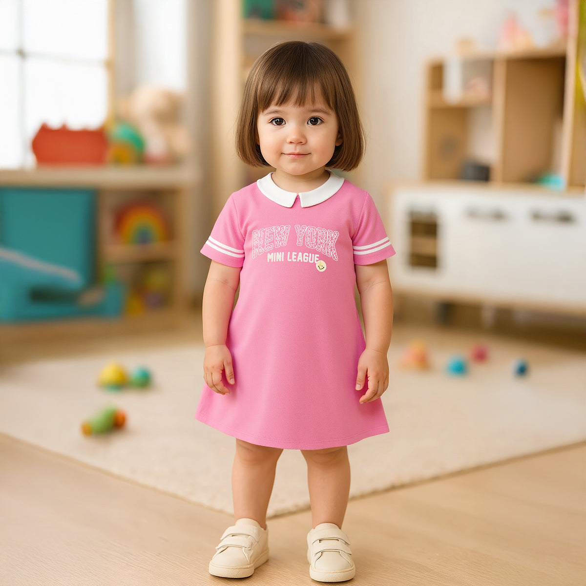 Baby Girls Graphic Polo Collar Dress, Pink
