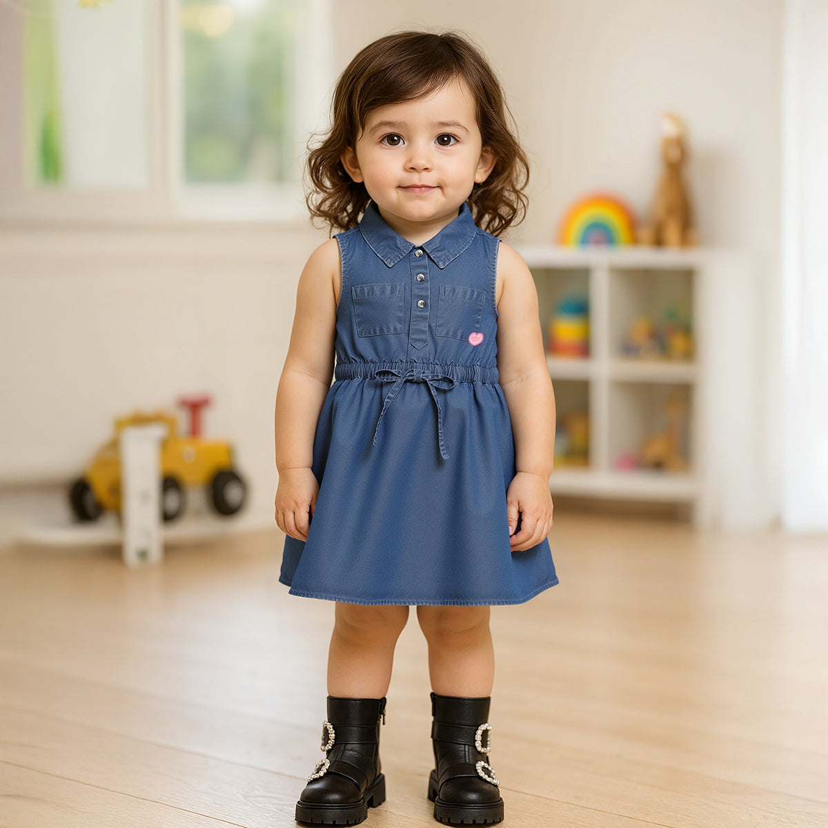 Baby Girls Solid Denim Dress with Tie-Up Waist, Blue
