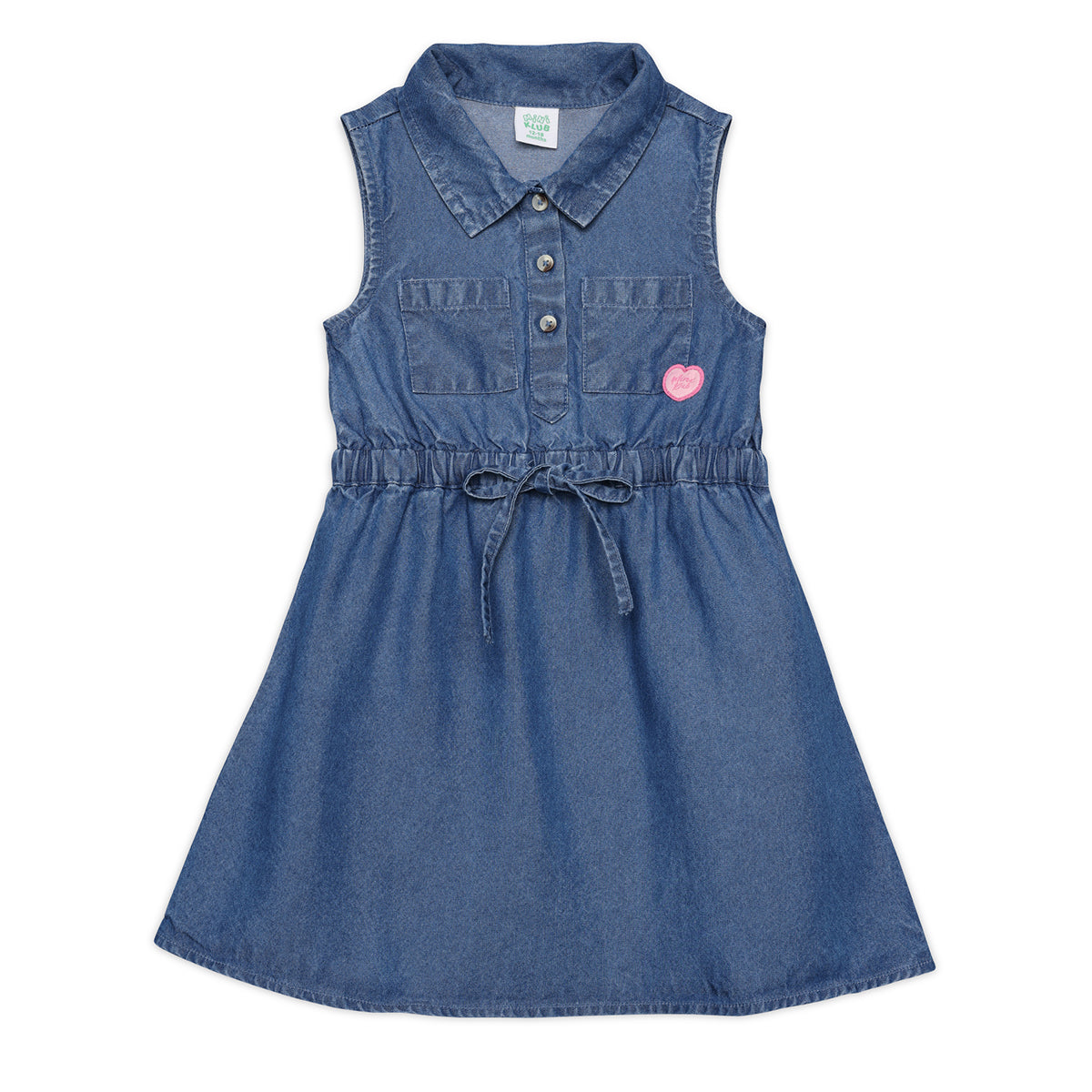 Baby Girls Solid Denim Dress with Tie-Up Waist, Blue