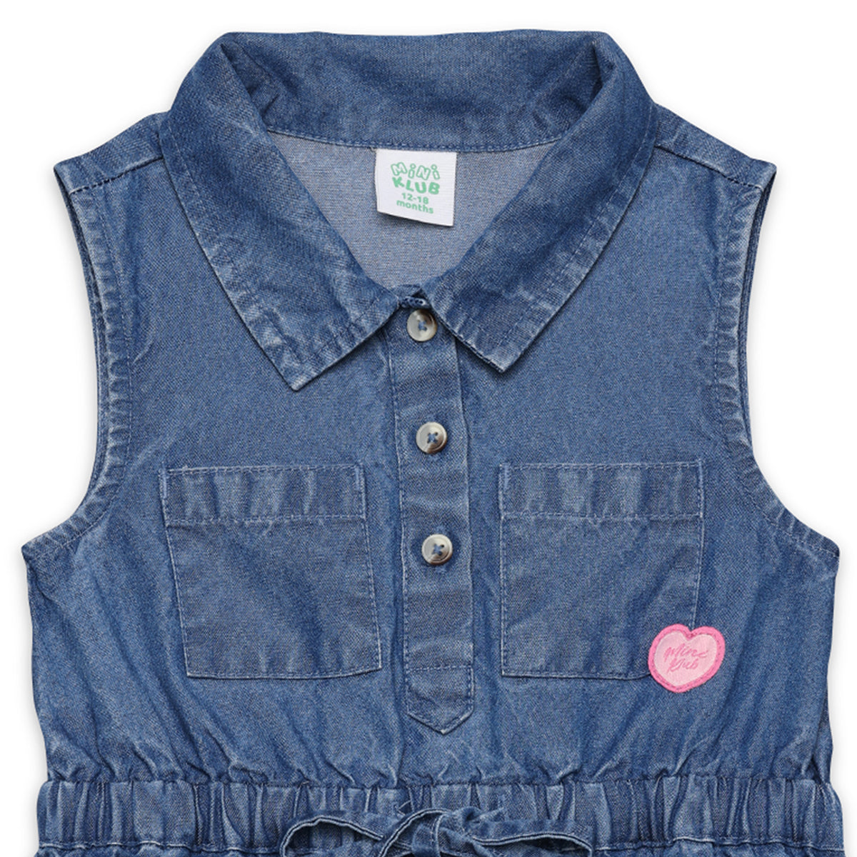 Baby Girls Solid Denim Dress with Tie-Up Waist, Blue
