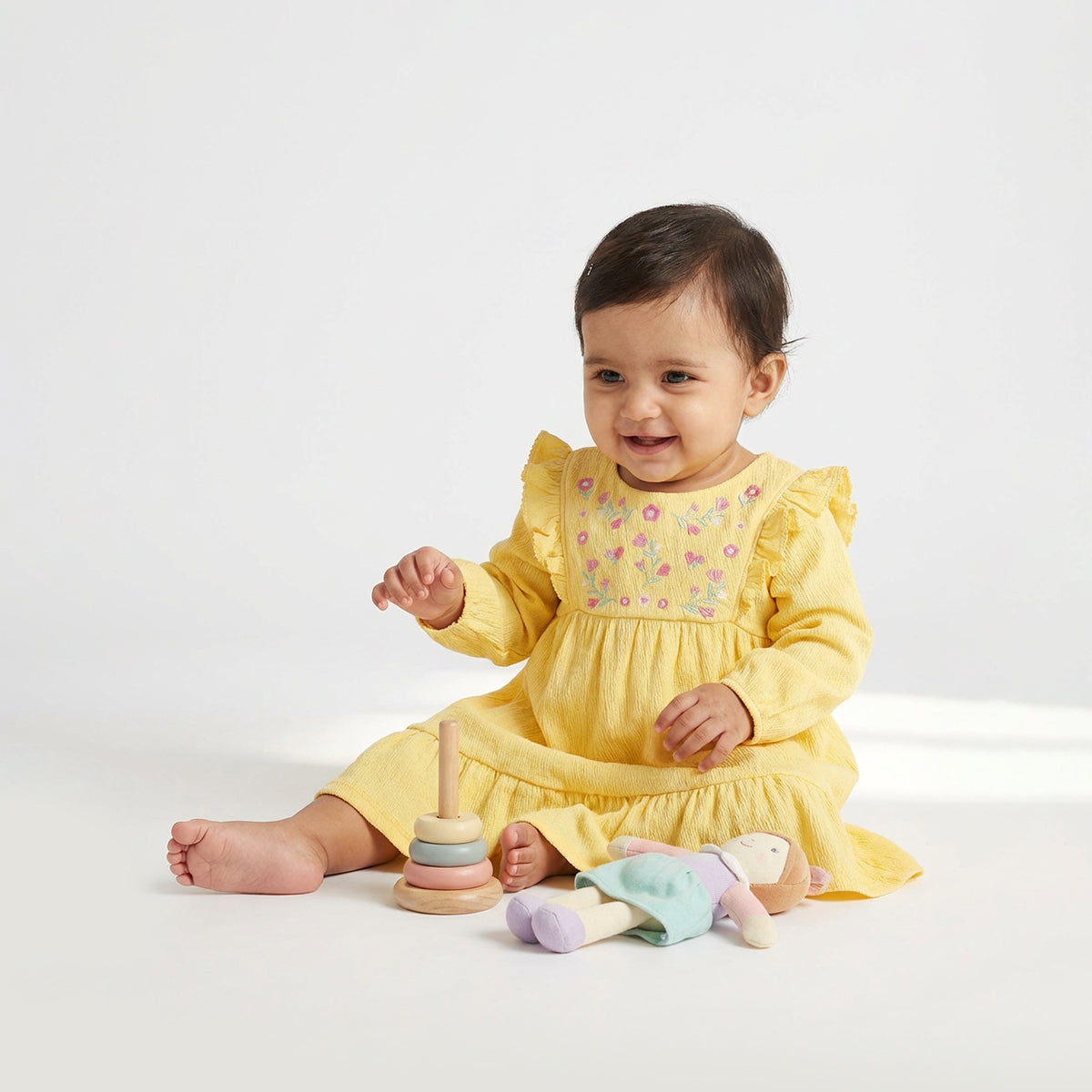 Baby Girls Embroidered Tiered Dress, Yellow
