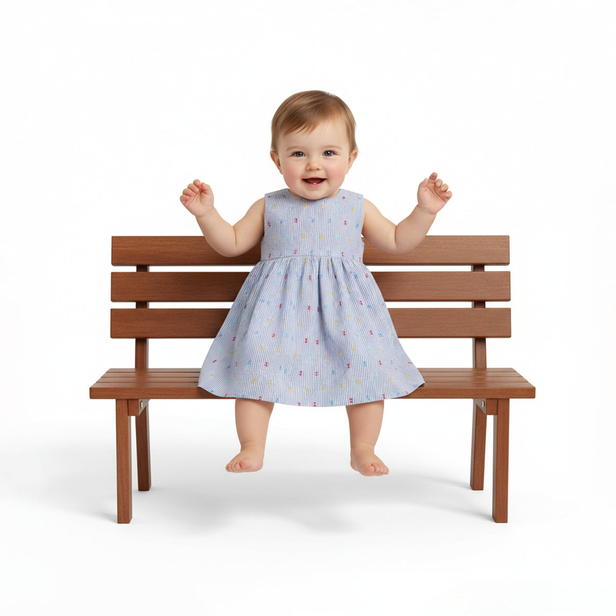 Baby Girls Striped Sleeveless Dress with Button Detail, Blue and White