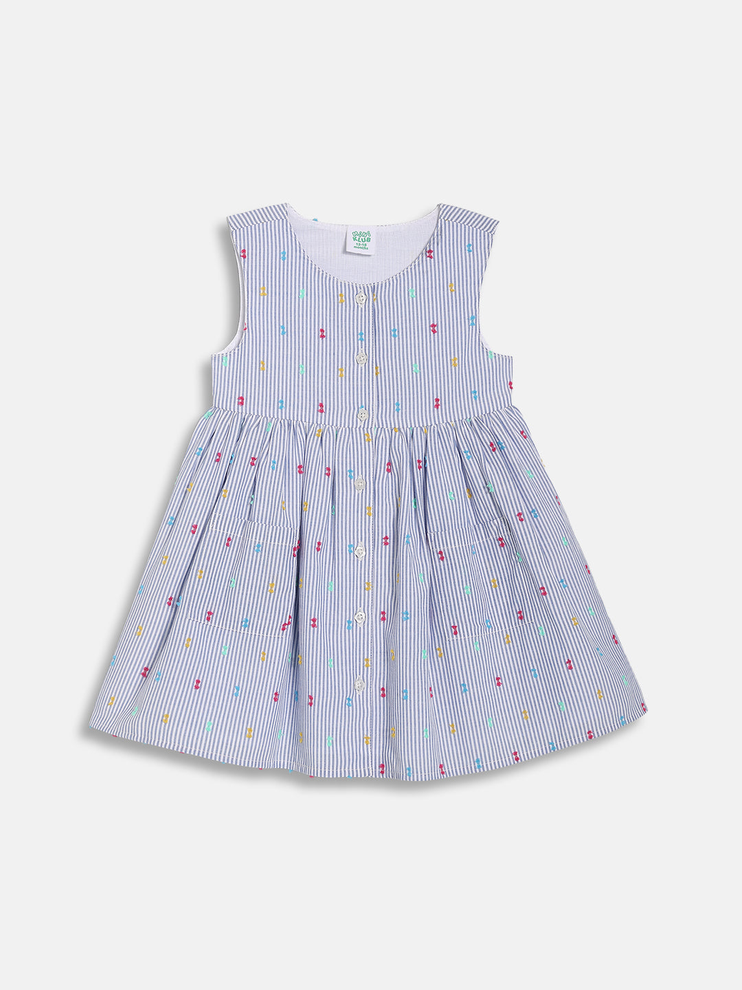 Baby Girls Striped Sleeveless Dress with Button Detail, Blue and White
