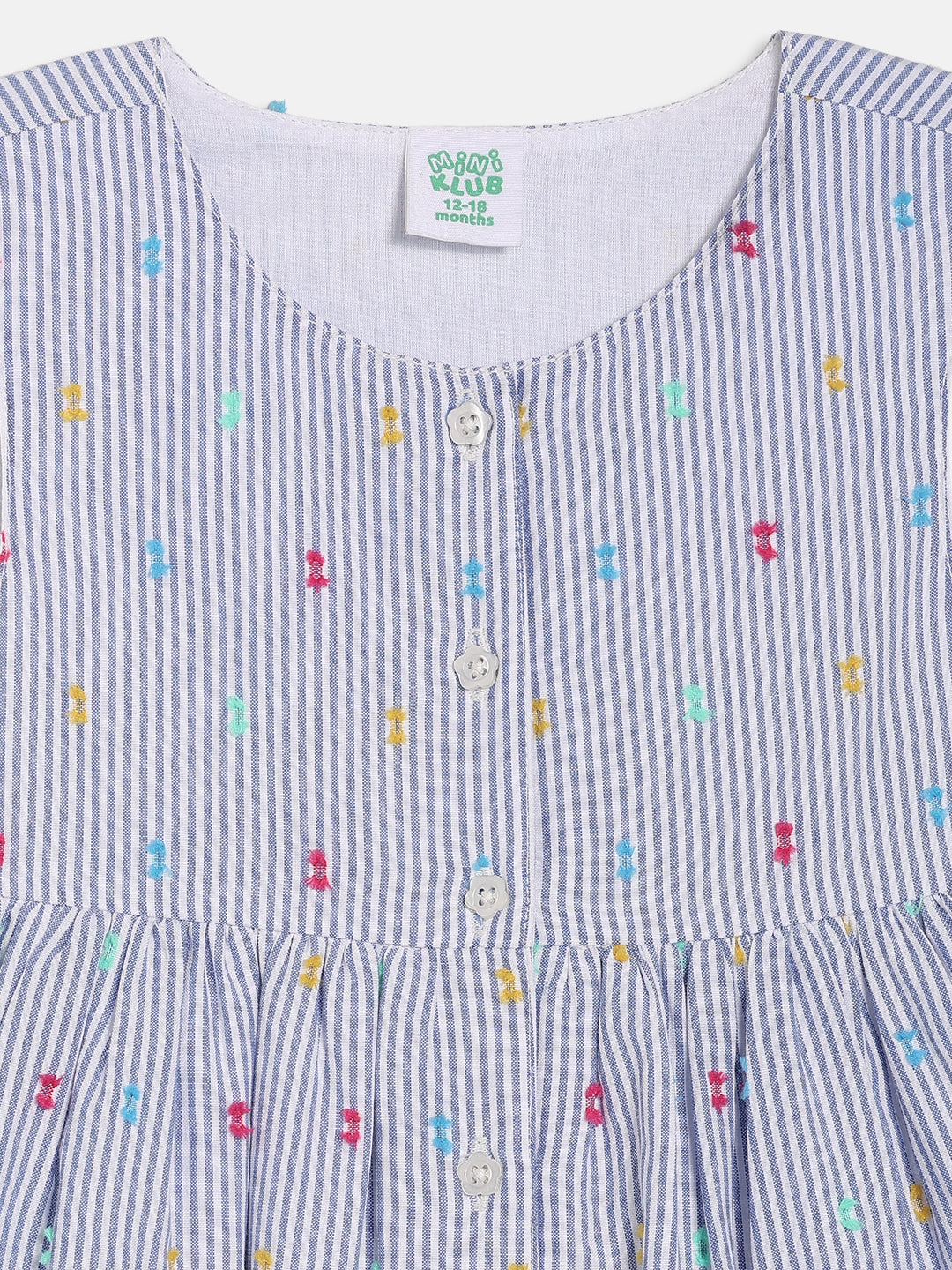 Baby Girls Striped Sleeveless Dress with Button Detail, Blue and White