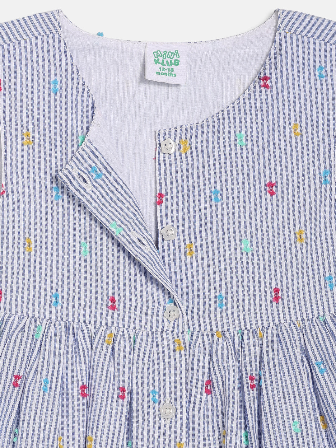 Baby Girls Striped Sleeveless Dress with Button Detail, Blue and White