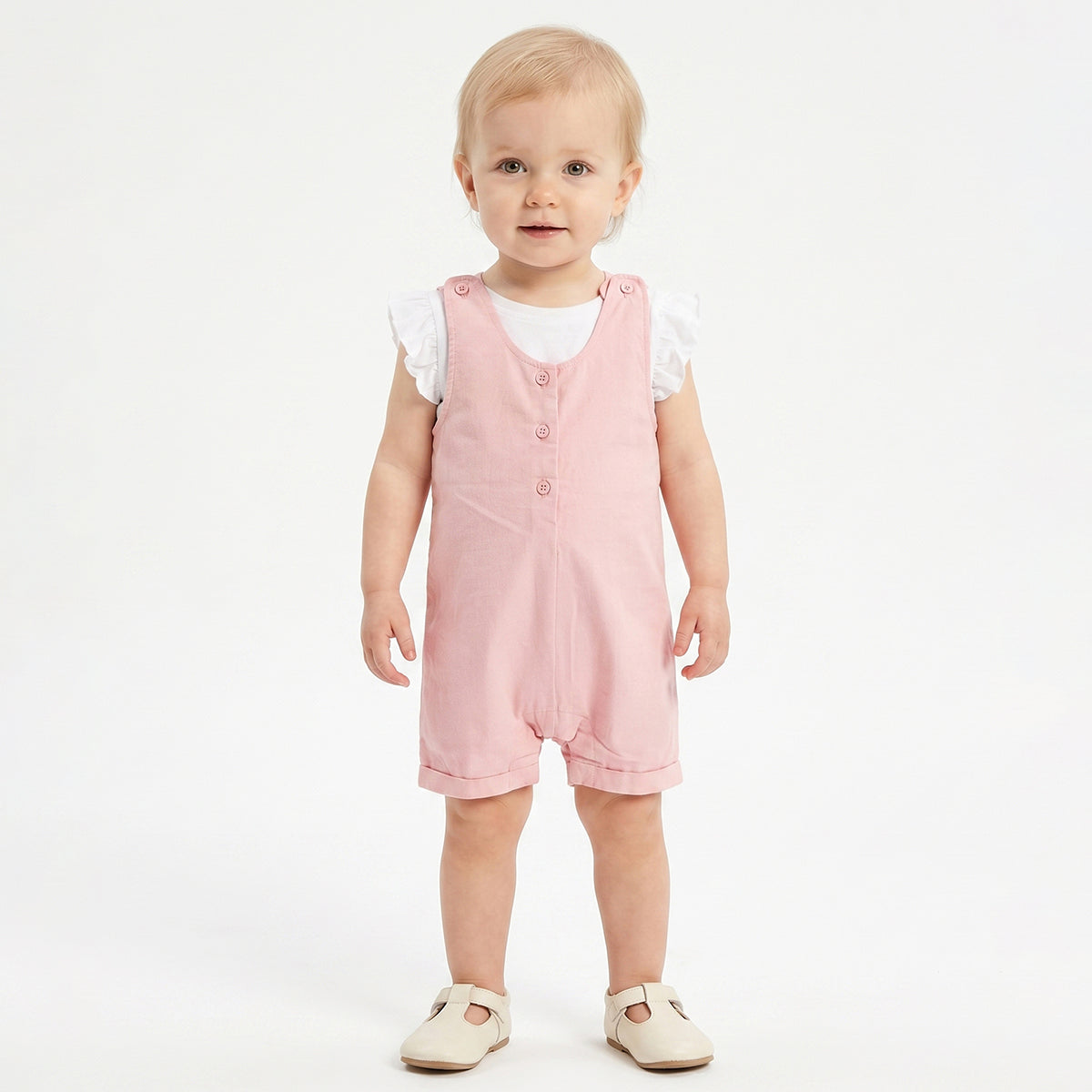 Baby Girls Pink Dungaree Romper with White Flutter Sleeve T-Shirt Casual Outfit Set