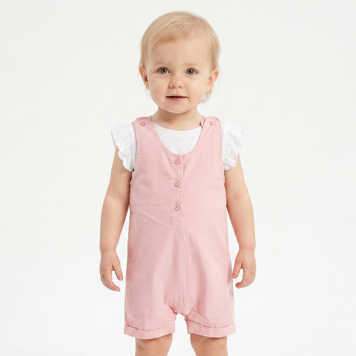 Baby Girls Pink Dungaree Romper with White Flutter Sleeve T-Shirt Casual Outfit Set