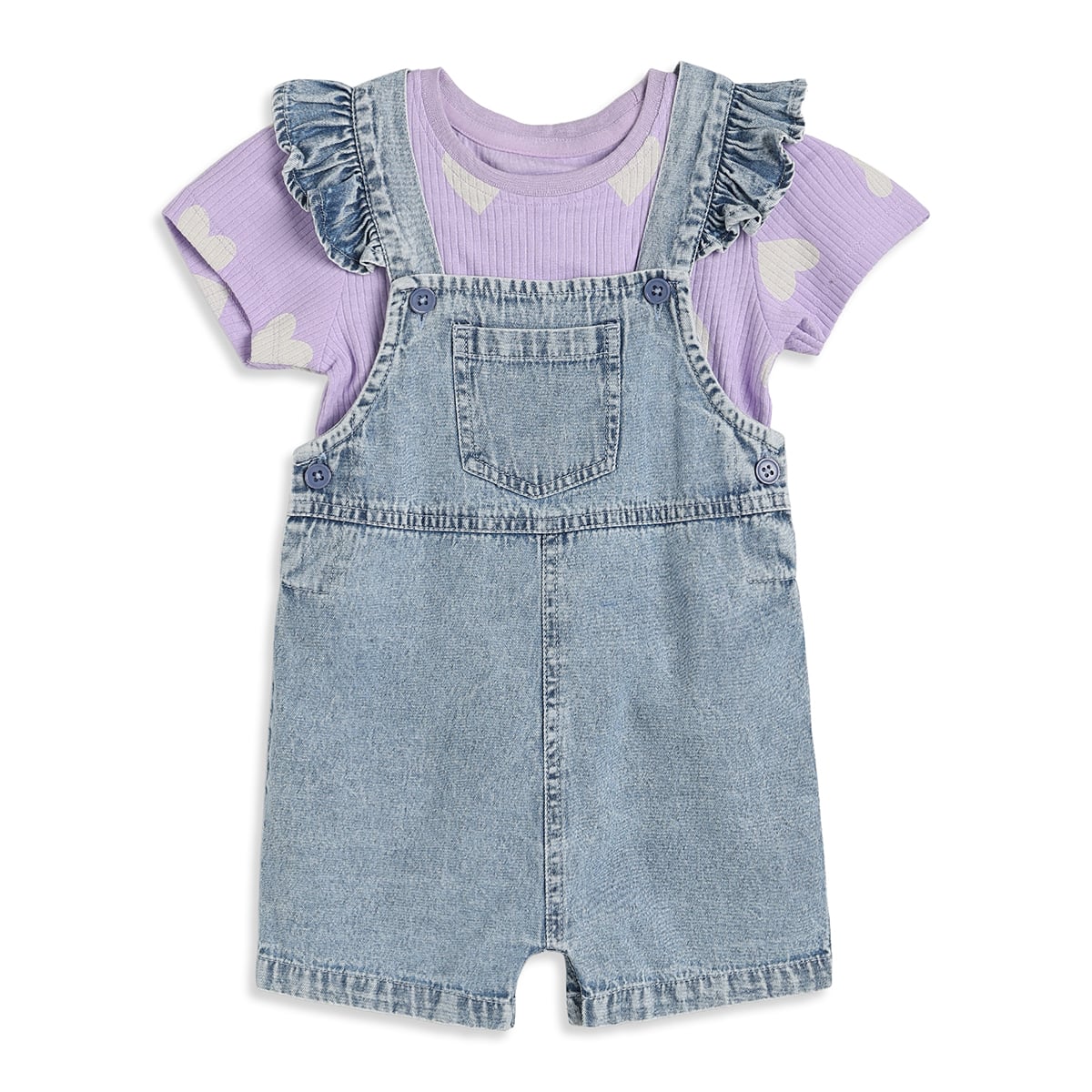 Baby Girls Lavender And Blue Cotton Heart Print Top With Denim Dungaree Shorts Set Regular Fit Casual Wear