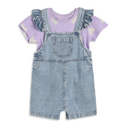 Baby Girls Lavender And Blue Cotton Heart Print Top With Denim Dungaree Shorts Set Regular Fit Casual Wear