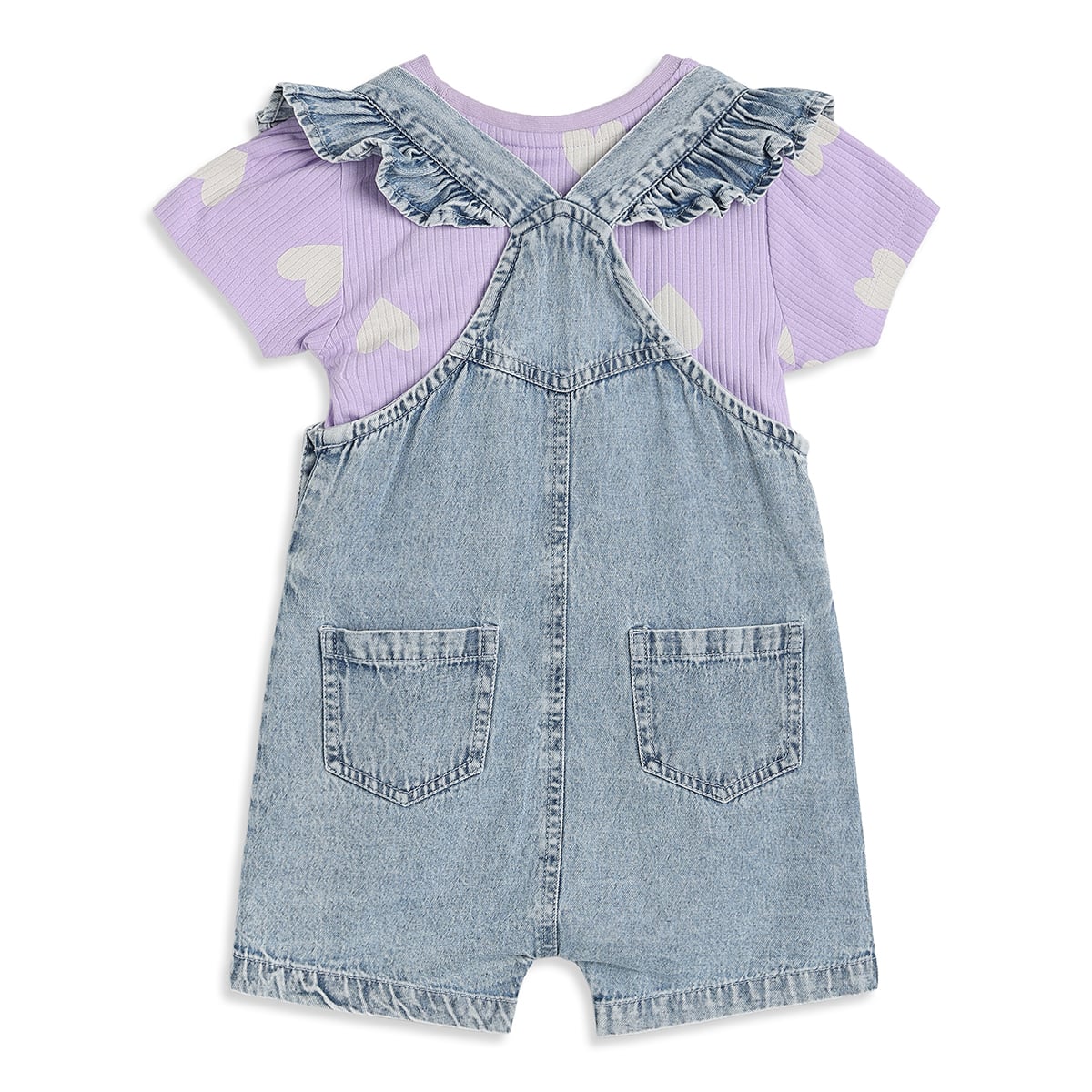 Baby Girls Lavender And Blue Cotton Heart Print Top With Denim Dungaree Shorts Set Regular Fit Casual Wear