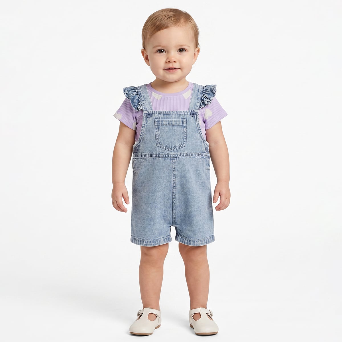 Baby Girls Lavender And Blue Cotton Heart Print Top With Denim Dungaree Shorts Set Regular Fit Casual Wear