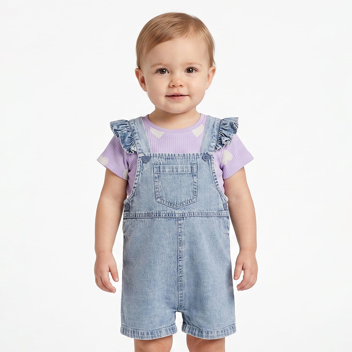 Baby Girls Lavender And Blue Cotton Heart Print Top With Denim Dungaree Shorts Set Regular Fit Casual Wear