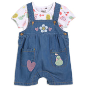Baby Girls Fruit Print Dungaree Set with T-shirt, Blue and White