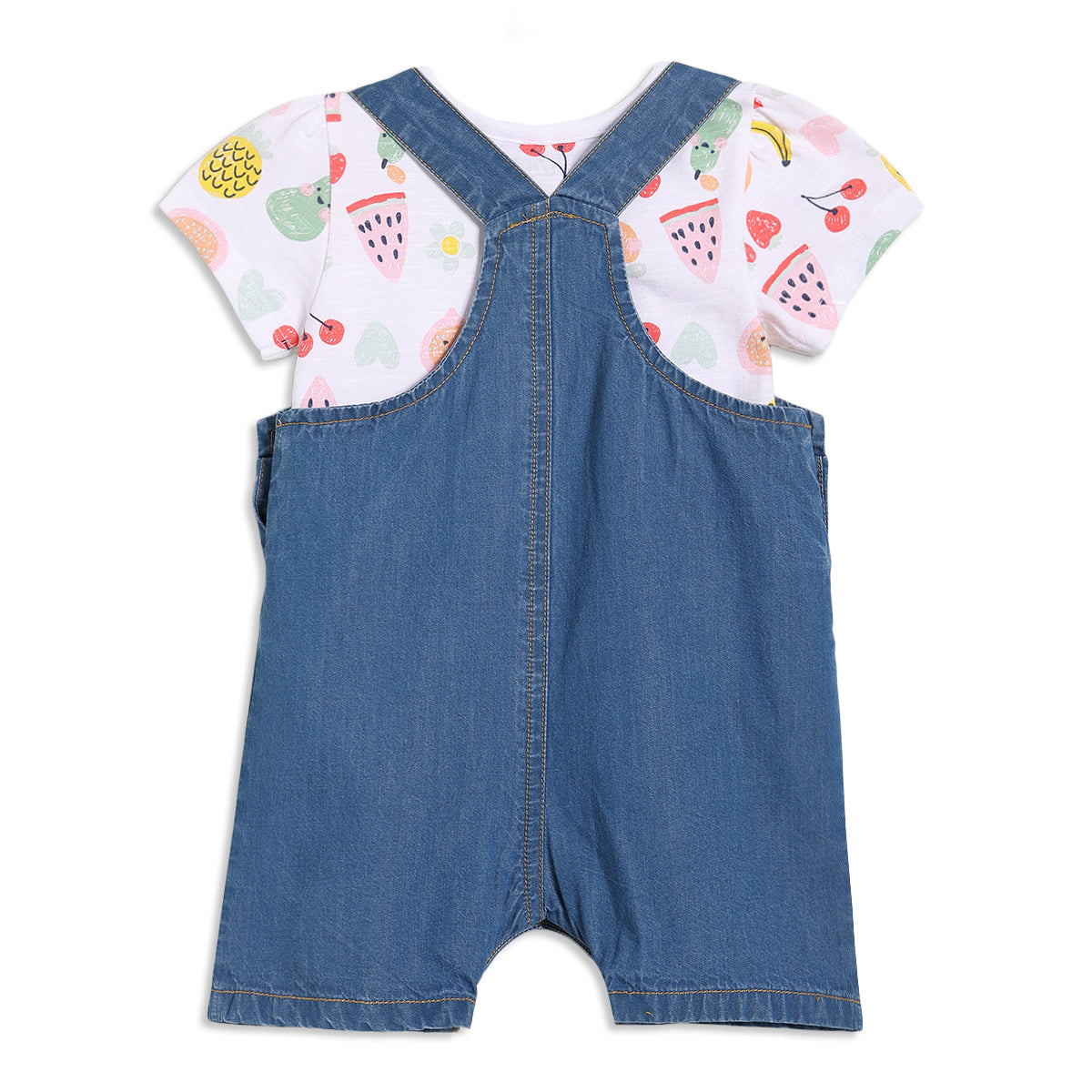 Baby Girls Fruit Print Dungaree Set with T-shirt, Blue and White