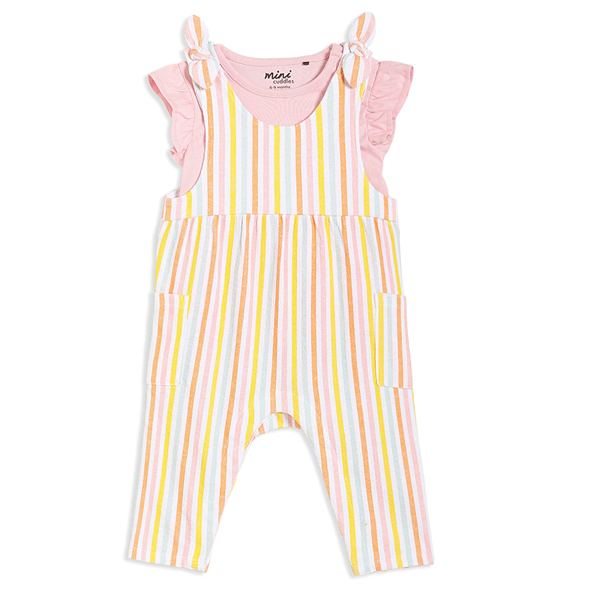 Baby Girl Striped Dungaree With Inner Top Set, Multicolour
