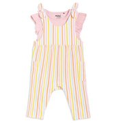 Baby Girls Striped Dungaree Set with Solid Top, Peach