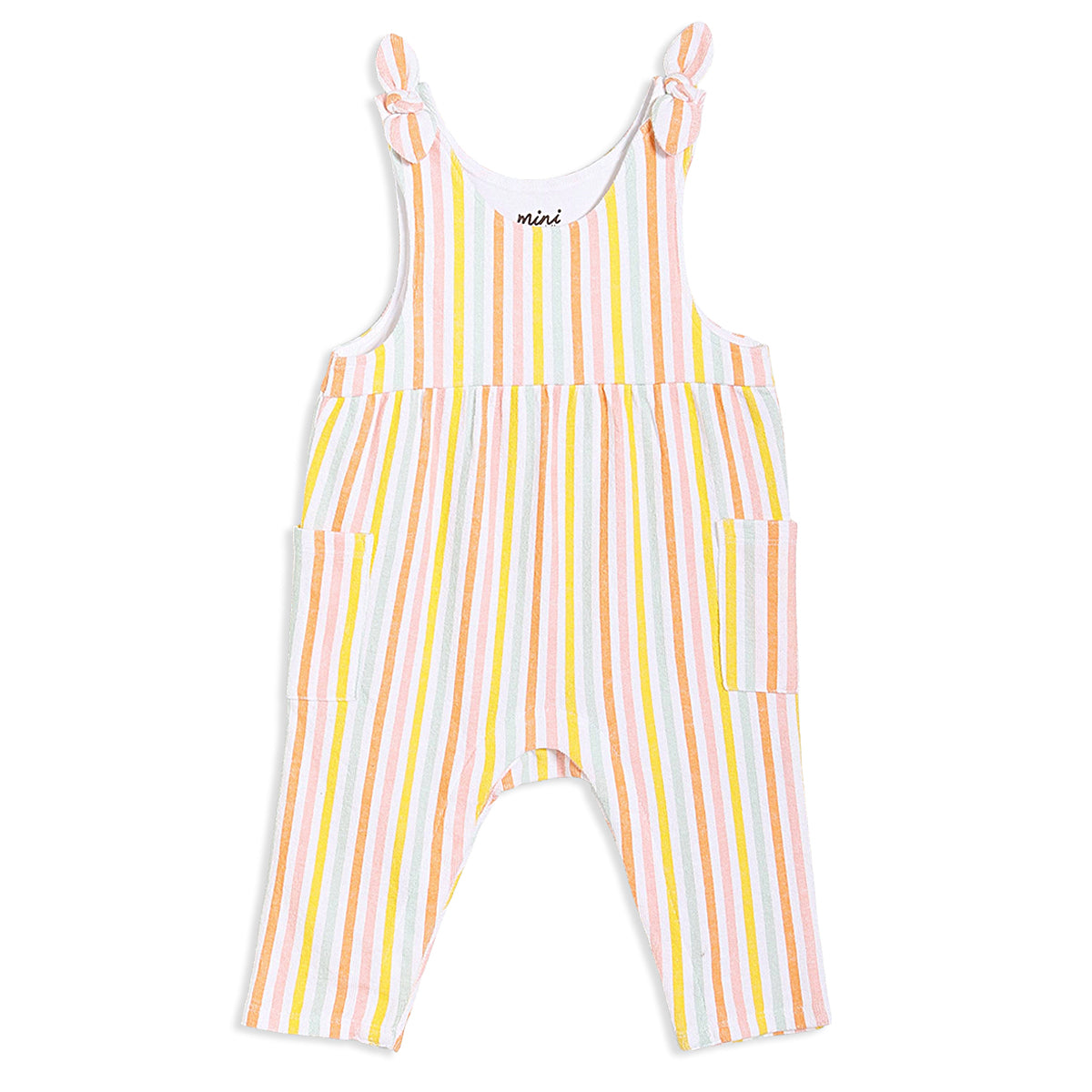 Baby Girls Striped Dungaree Set with Solid Top, Peach