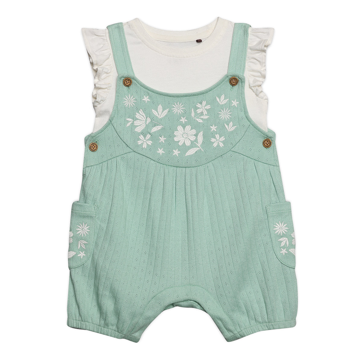 Baby Girls Embroidered Dungaree Set, Mint Green