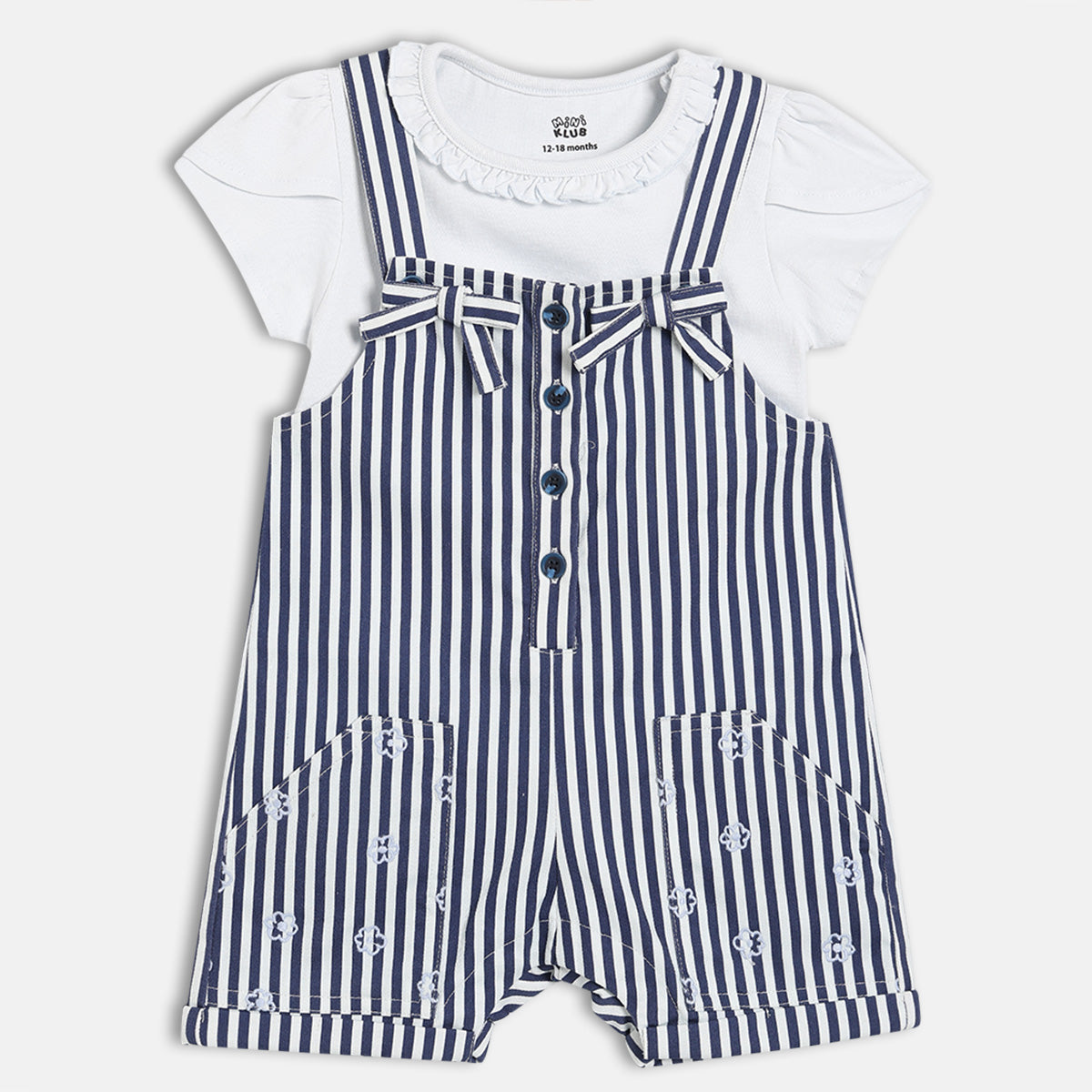 Baby Girls Striped Dungaree Set, Navy Blue And White