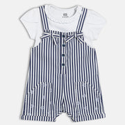 Baby Girls Striped Dungaree Set, Navy Blue And White