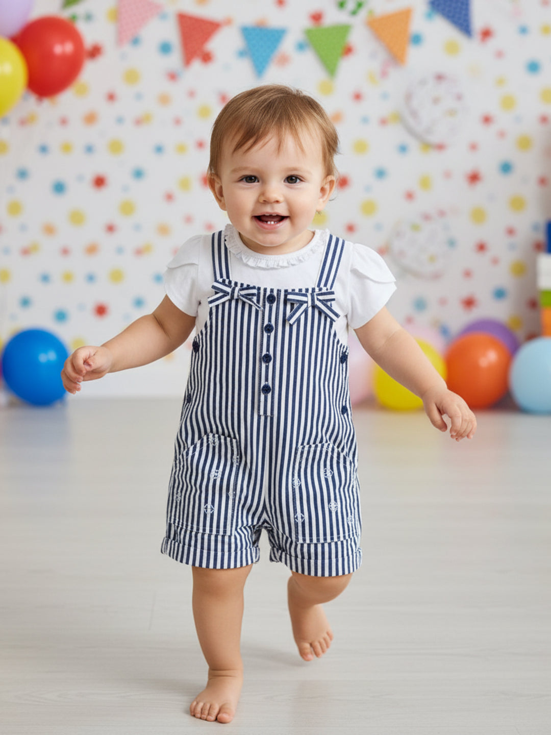Baby Girls Striped Dungaree Set, Navy Blue And White