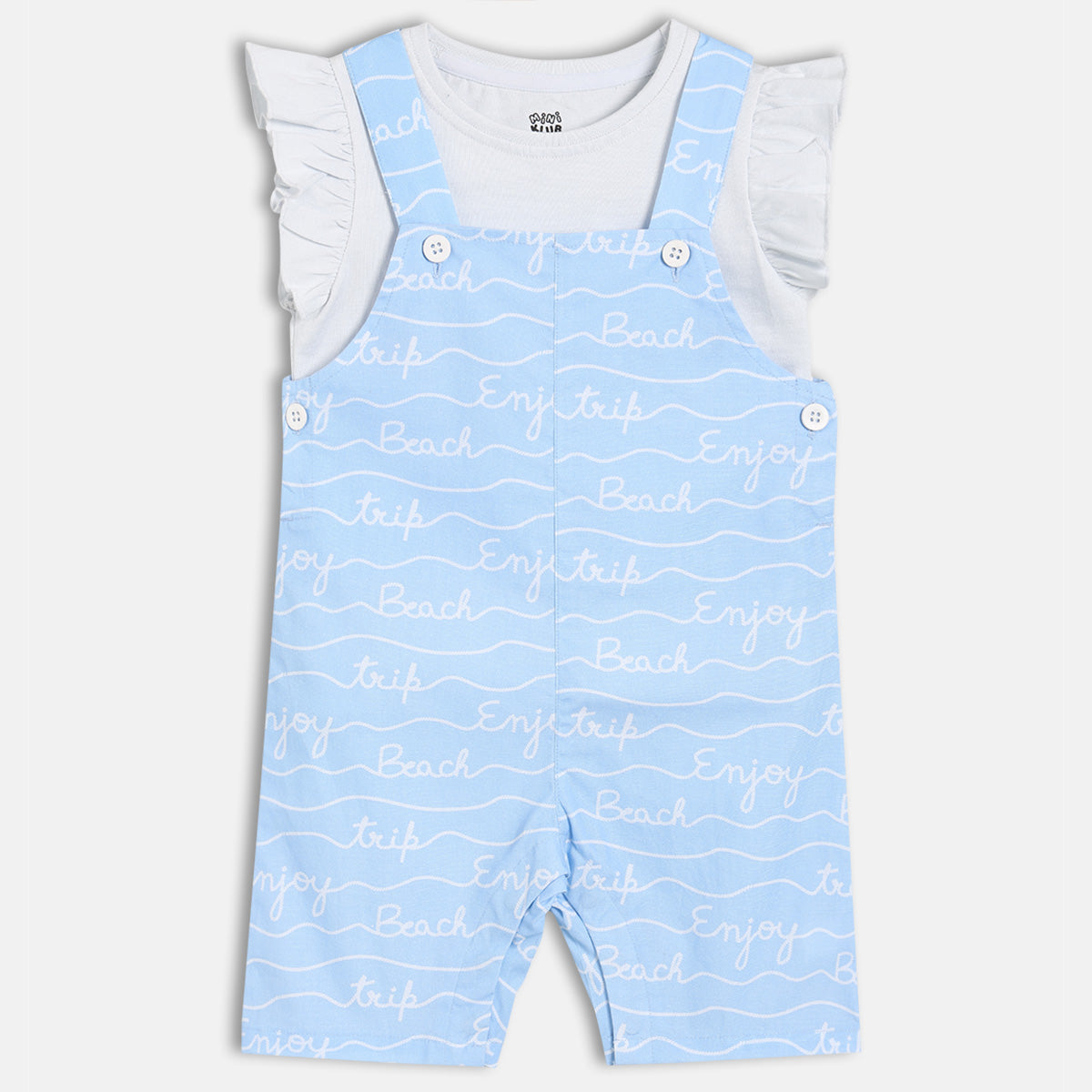 Baby Girls Printed Dungaree Set, Light Blue And White