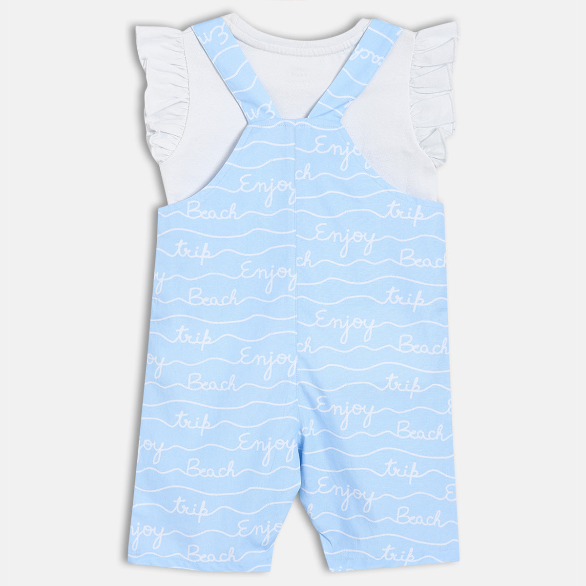 Baby Girls Printed Dungaree Set, Light Blue And White