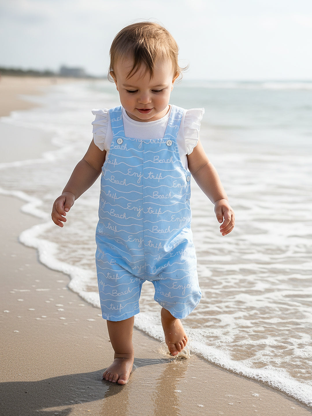 Baby Girls Printed Dungaree Set, Light Blue And White