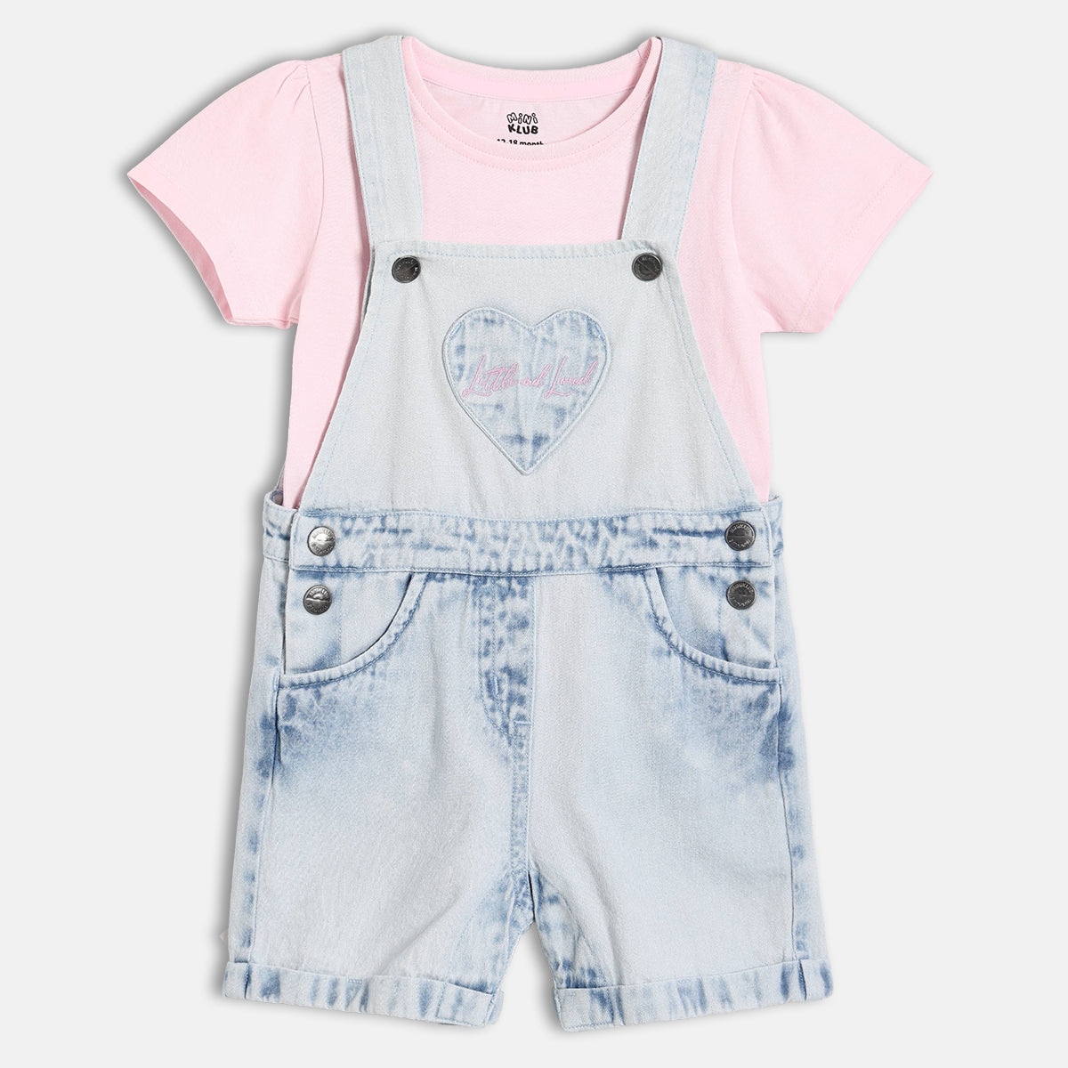 Baby Girls Heart Applique Denim Dungaree Set with T-Shirt, Pink and Light Blue