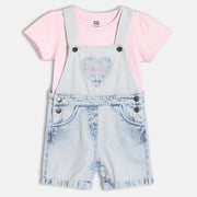 Baby Girls Heart Applique Denim Dungaree Set with T-Shirt, Pink and Light Blue