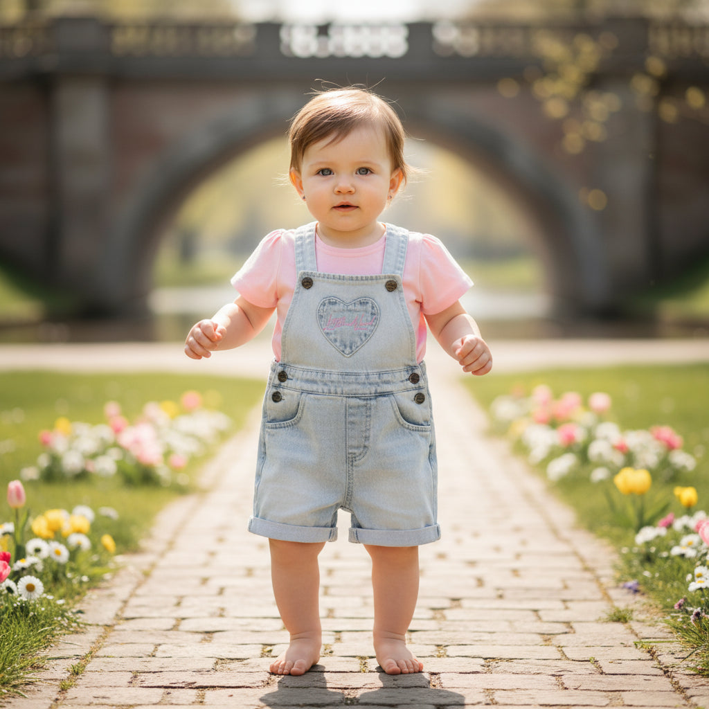 Baby Girls Heart Applique Denim Dungaree Set with T-Shirt, Pink and Light Blue