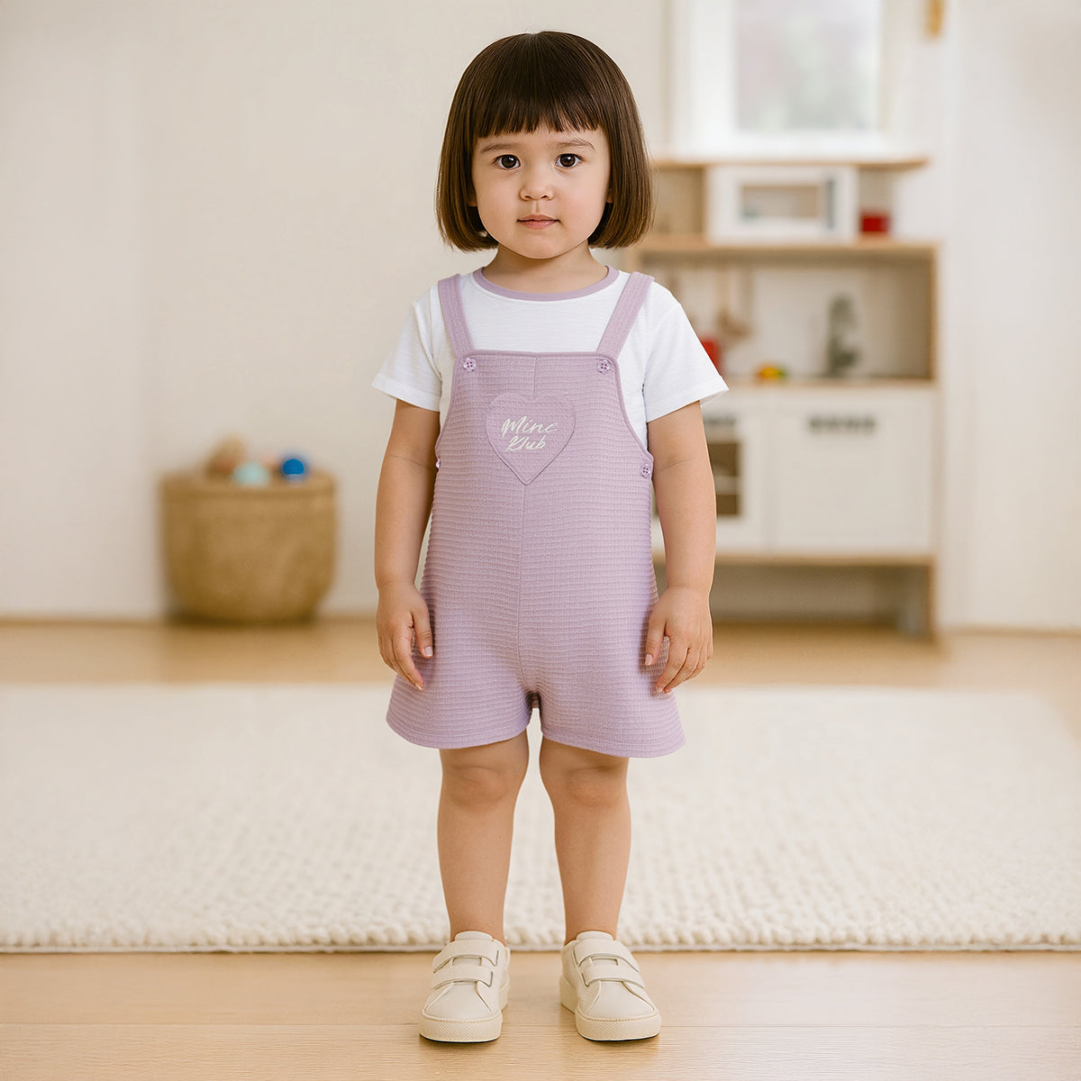 Girls Solid Textured Dungaree Set, Lavender and White