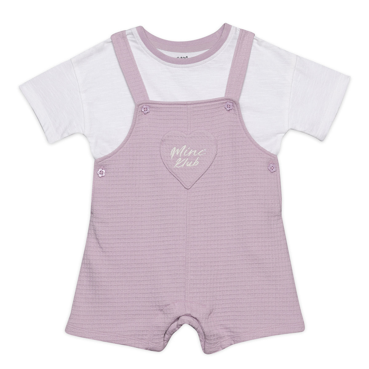Girls Solid Textured Dungaree Set, Lavender and White
